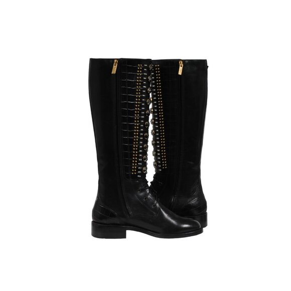 Rene Caovilla Combat Boots US 7 EU 37 Black LeatherCroc Embossed Crystal Studded - Picture 10 of 12